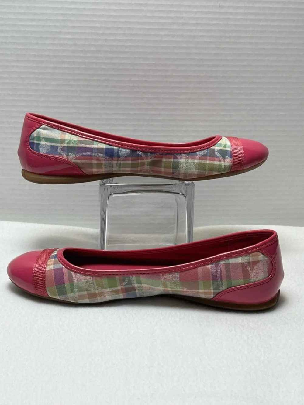Coach Pink Plaid Cap-Toe Ballet Flats with Logo Ribbon - Picture 2 of 13